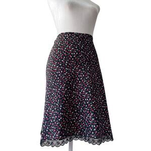 Vintage Y2K Sense Black Floral Print Lace Hem Knee Length Skirt